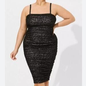 NEW Torrid Black Gray Animal Print Midi Mesh Shirred Bodycon Dress Plus Size 4X